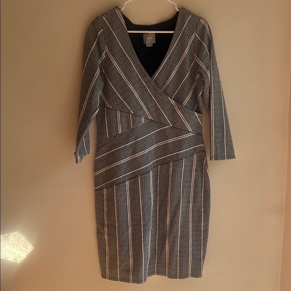 Maeve Gray and White Striped Long Sleeve Wrap Dress